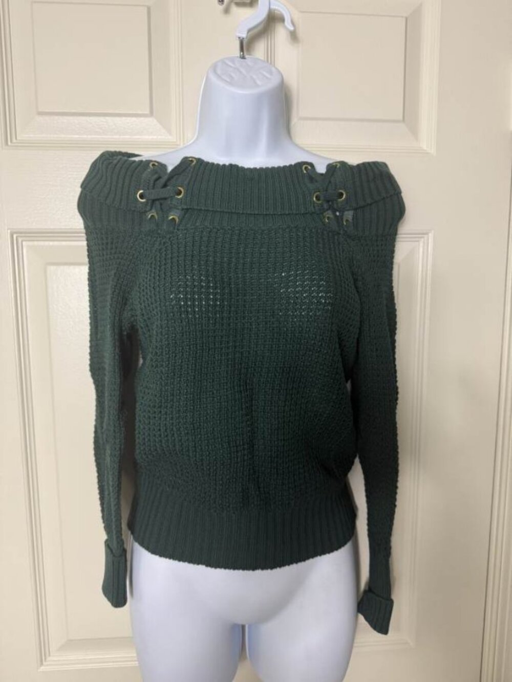 Guess Green Off-the-Shoulder Lace-Up Sweater XS